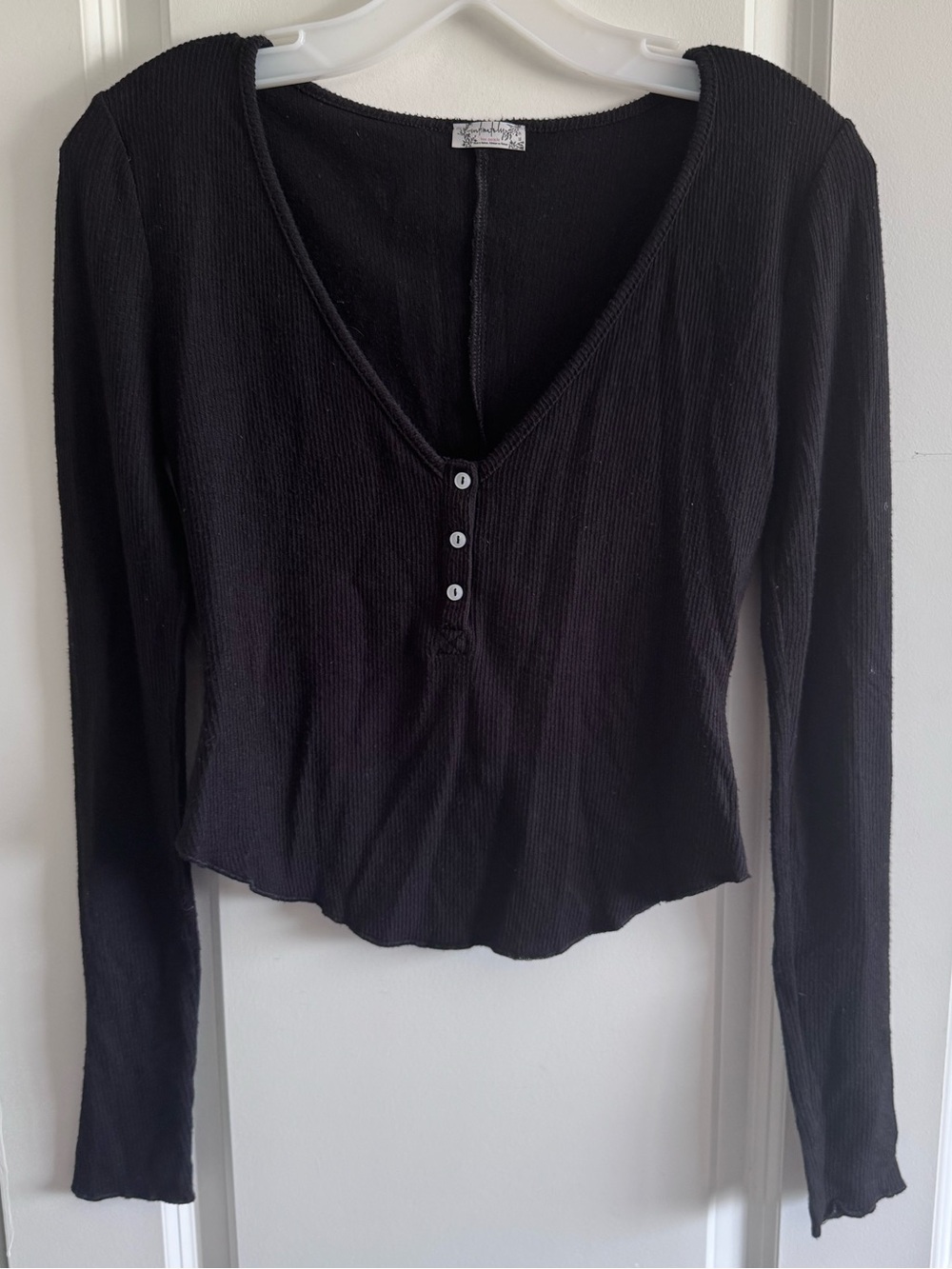 Free People Intimately Cropped Black Ribbed V-Neck Henley Long Sleeve Top